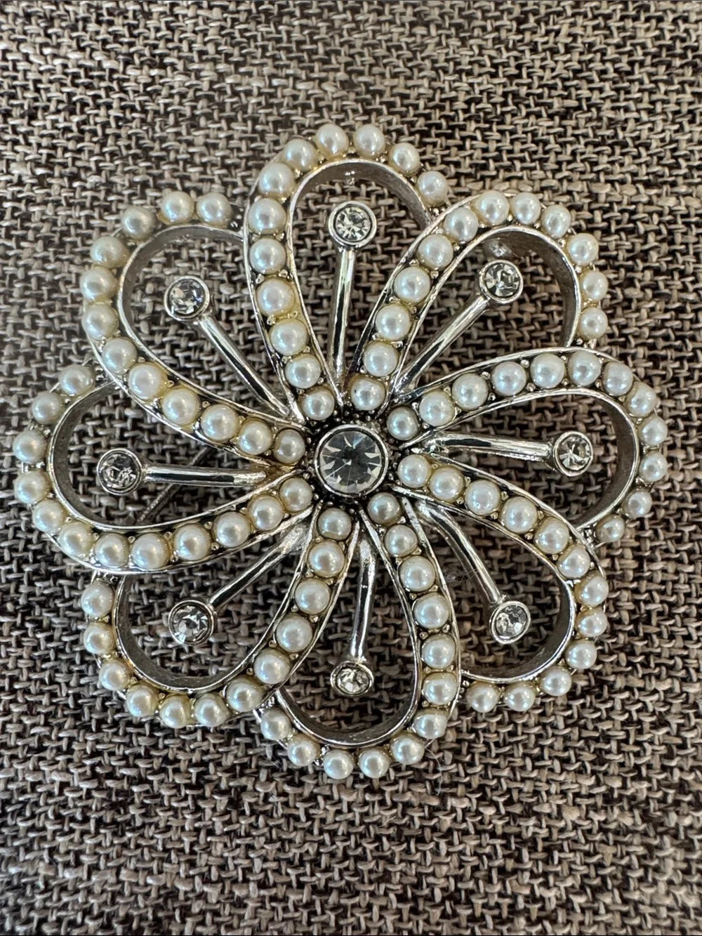 Monet Vintage Pearl Rhinestone Silver Tone Swirl Flower Brooch Pin Collectible